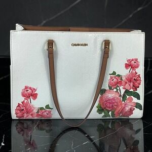 Calvin Klein Womens White Floral Monogram Shoulder Bag Tan Trim Gold Hardware